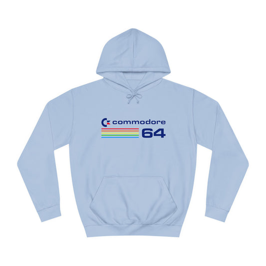 Experience vintage tech pride with the Retro 1980s Commodore 64 unisex college hoodie by Printify, featuring a light blue design and the iconic logo with vibrant horizontal stripes.