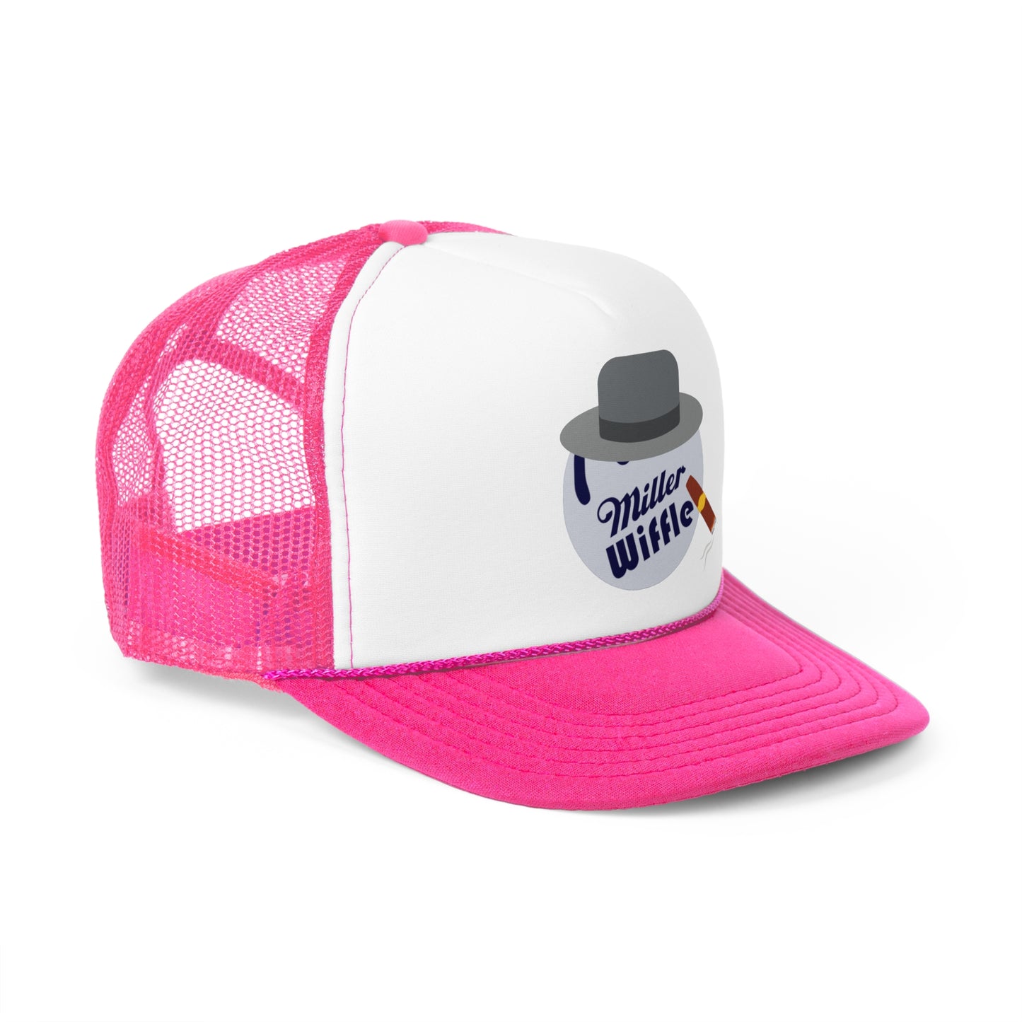 A smiling person with long hair and a nose ring wears the Miller Wiffel Ball ITYSL Driving Crooner Trucker Cap from Printify, which is white and pink and features a graphic of a hat, pipe, and "Miller Wiffle" text. The cap includes an adjustable snap closure for comfort. They are also wearing a blue denim jacket over a white shirt.