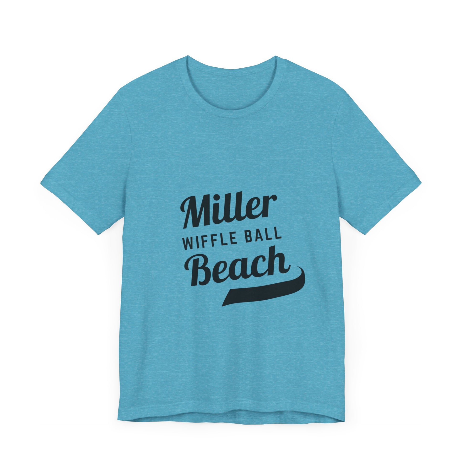 A light blue, soft cotton t-shirt with the text "Miller Beach Wiffel Ball" printed in black on the front. The design features a stylized, curved underline beneath the word "Beach," giving the text a dynamic appearance. This unisex jersey offers a comfortable retail fit for all. Product Name: Miller Beach Wiffel Ball - Unisex Jersey Short Sleeve Tee Retro Logo by Printify.