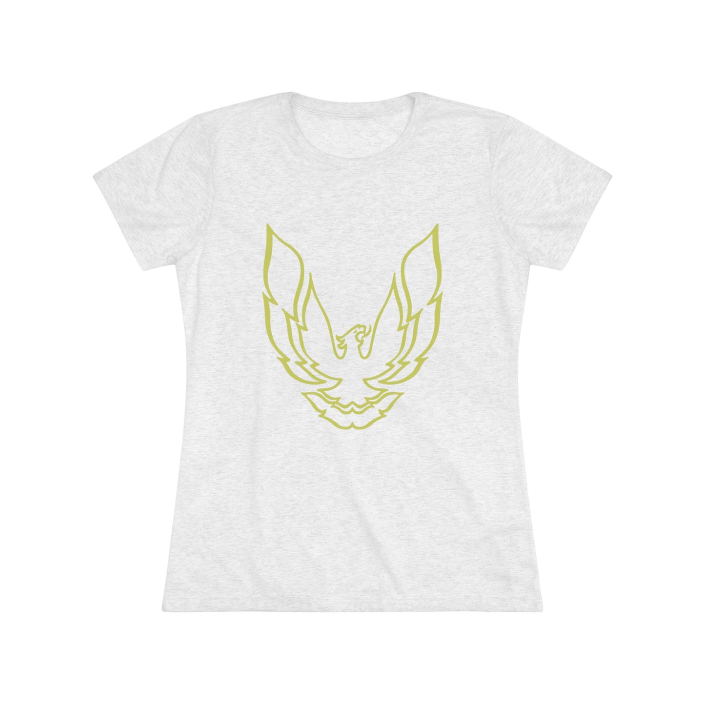 A retro 1970's-inspired red women's triblend tee by Printify, featuring a stylish gold phoenix design on the front. The vibrant, sleek graphic depicts the iconic Trans Am bird with its wings spread upward, giving this cozy t-shirt a bold and dynamic look.