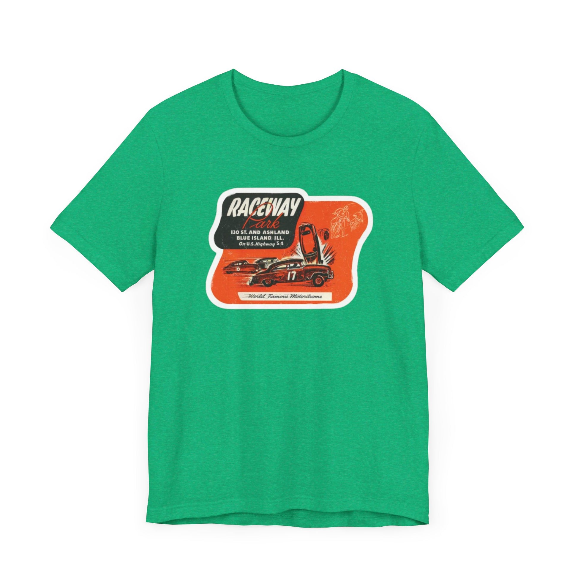 The 1970's Raceway Park - Blue Island, IL - Unisex Jersey Short Sleeve Tee by Printify is a light gray T-shirt featuring a graphic with a red background, an illustration of a race car labeled "17," and text reading "RACEWAY" and "As Seen On." The vintage-inspired design offers a nostalgic nod to classic car enthusiasts, reminiscent of the '70s racing era. The shirt is displayed against a plain background.