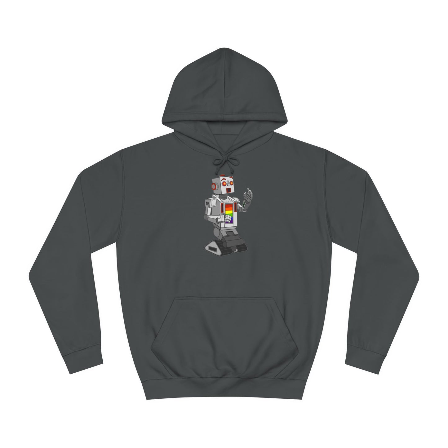 The Gay Robot - Unisex College Hoodie by Printify features a whimsical illustration of a nostalgic robot holding a smartphone. Inspired by Nick Swardson's comedic characters, the robot is grey with red and yellow highlights, balancing on one leg in its striking red design.