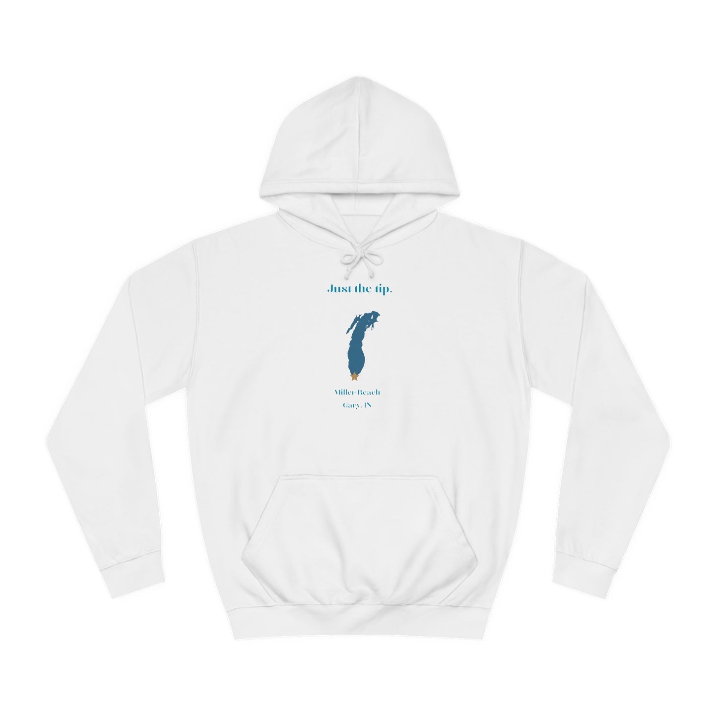 The Just the Tips - Miller Beach Unisex College Hoodie by Printify features a premium tri-blend fabric in dark green, showcasing a minimalist blue outline of a lake with the text "Just the Tip. White Bear Lake, Minn., IN" above it. With its front pocket and drawstring hood, it's an ideal choice for casual strolls at Miller Beach.