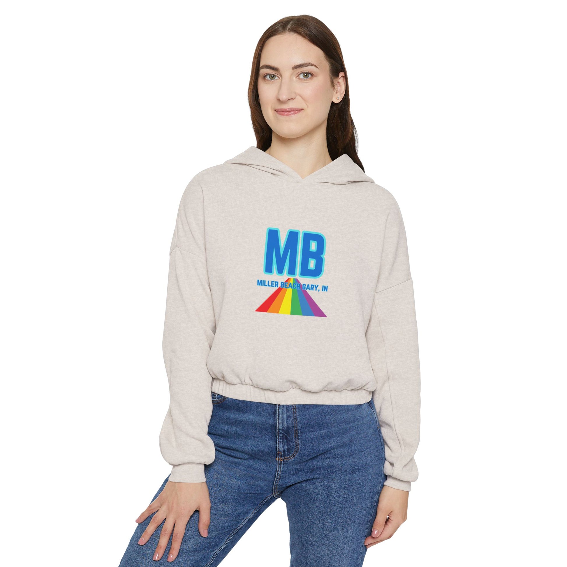 The Women's Cinched Bottom Hoodie from Printify, named "Miller Beach - Unity," is crafted in an oversized light gray design. It features a striking rainbow logo and bold blue "MB" letters on the front, with "MILLER & BARRY, INC." printed below. The casual style of this cotton-polyester blend is further accentuated by a lively triangular pattern.