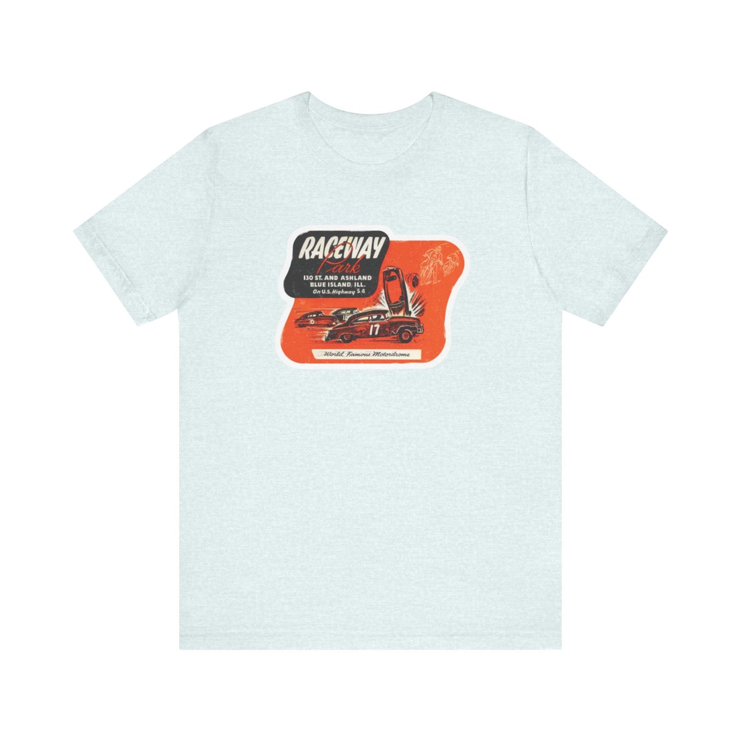 The 1970's Raceway Park - Blue Island, IL - Unisex Jersey Short Sleeve Tee by Printify is a light gray T-shirt featuring a graphic with a red background, an illustration of a race car labeled "17," and text reading "RACEWAY" and "As Seen On." The vintage-inspired design offers a nostalgic nod to classic car enthusiasts, reminiscent of the '70s racing era. The shirt is displayed against a plain background.