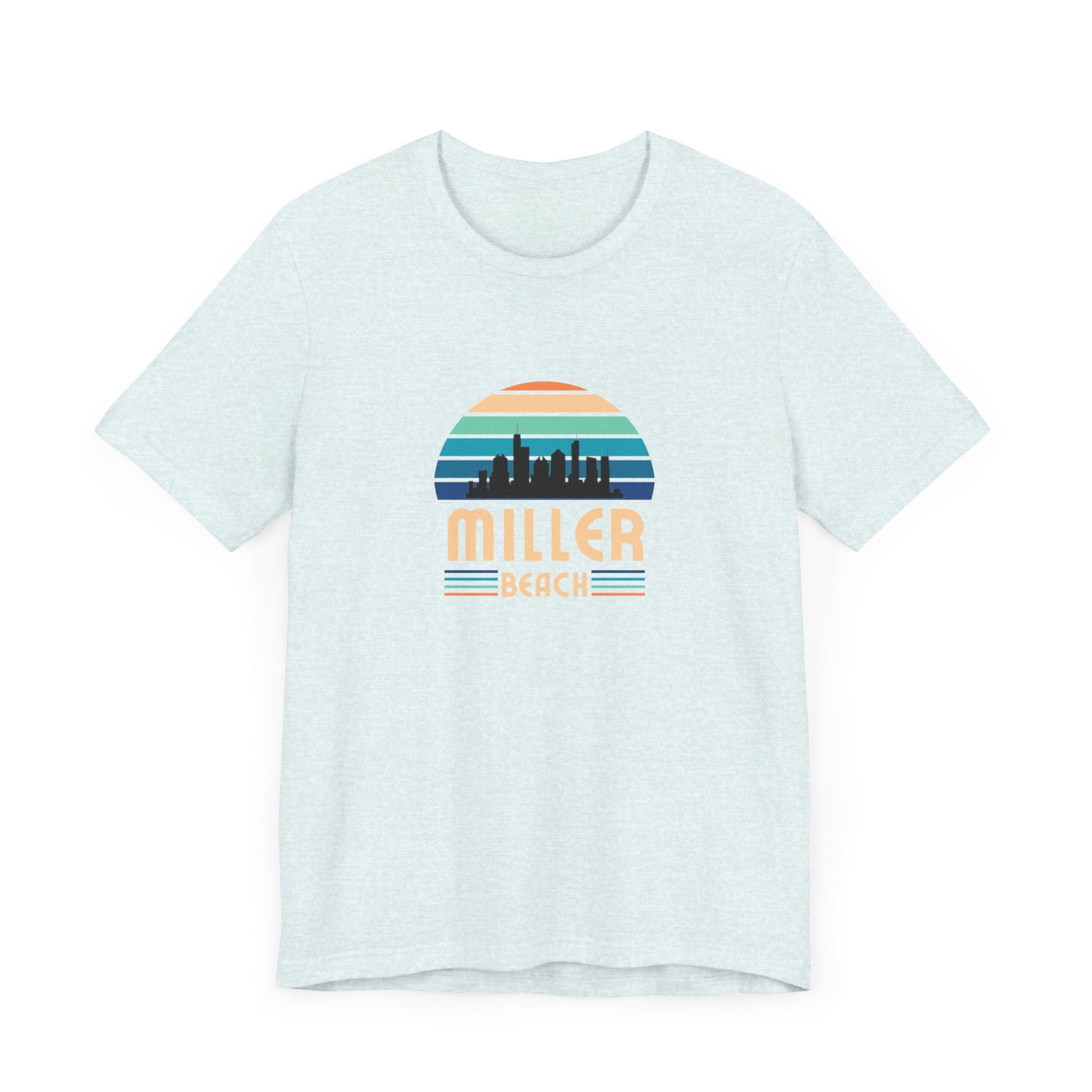 The Printify Miller Beach Chicago Skyline - Unisex Jersey Short Sleeve Tee is a light blue T-shirt featuring a stylized graphic of the Chicago skyline against a setting sun with gradient shades of blue and orange. Below the graphic, "Miller Beach" is printed in bold, yellow letters.