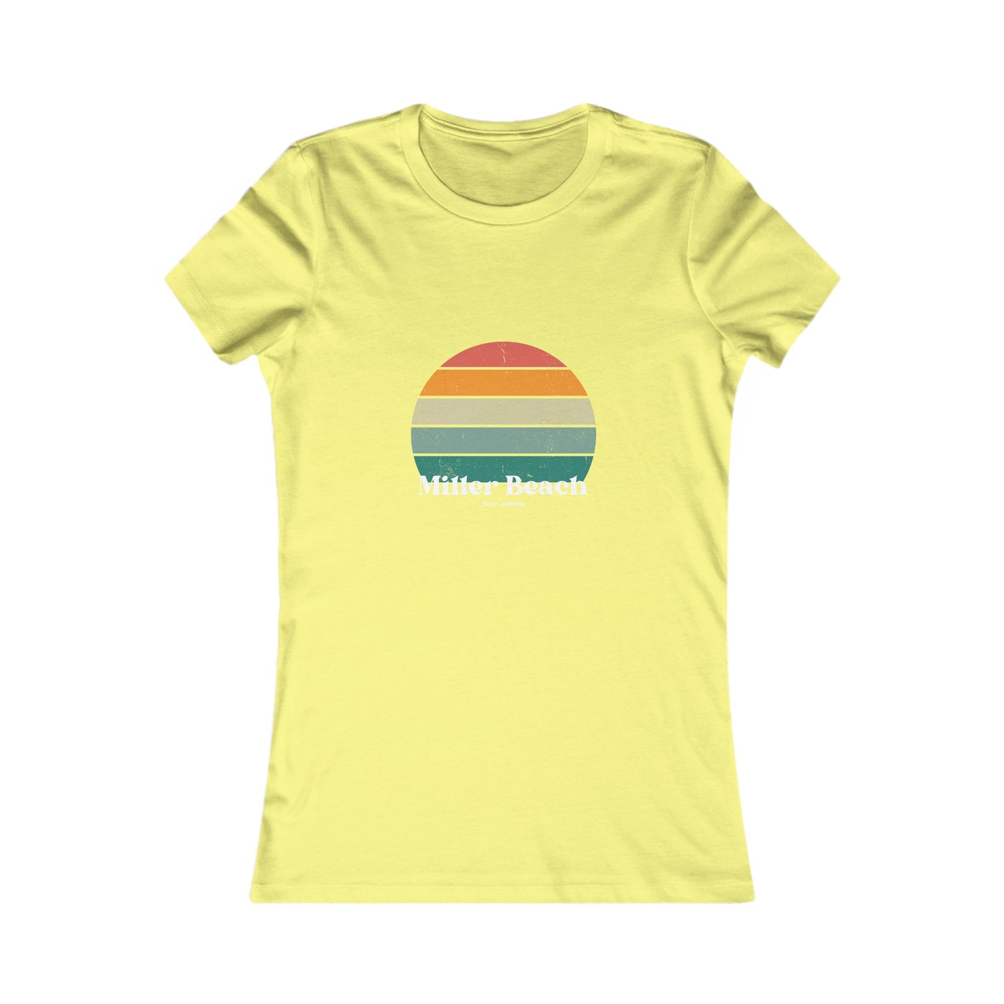 The Printify Women's Favorite Tee - Miller Beach Gary, IN Retro Sunset is a pink women's T-shirt showcasing a retro-style graphic of a sun with horizontal stripes in orange, yellow, and green. Designed with a feminine fit, the airlume combed cotton fabric offers premium softness. Below the sun, the text reads "Miller Beach" in white, with smaller text underneath that is not legible.