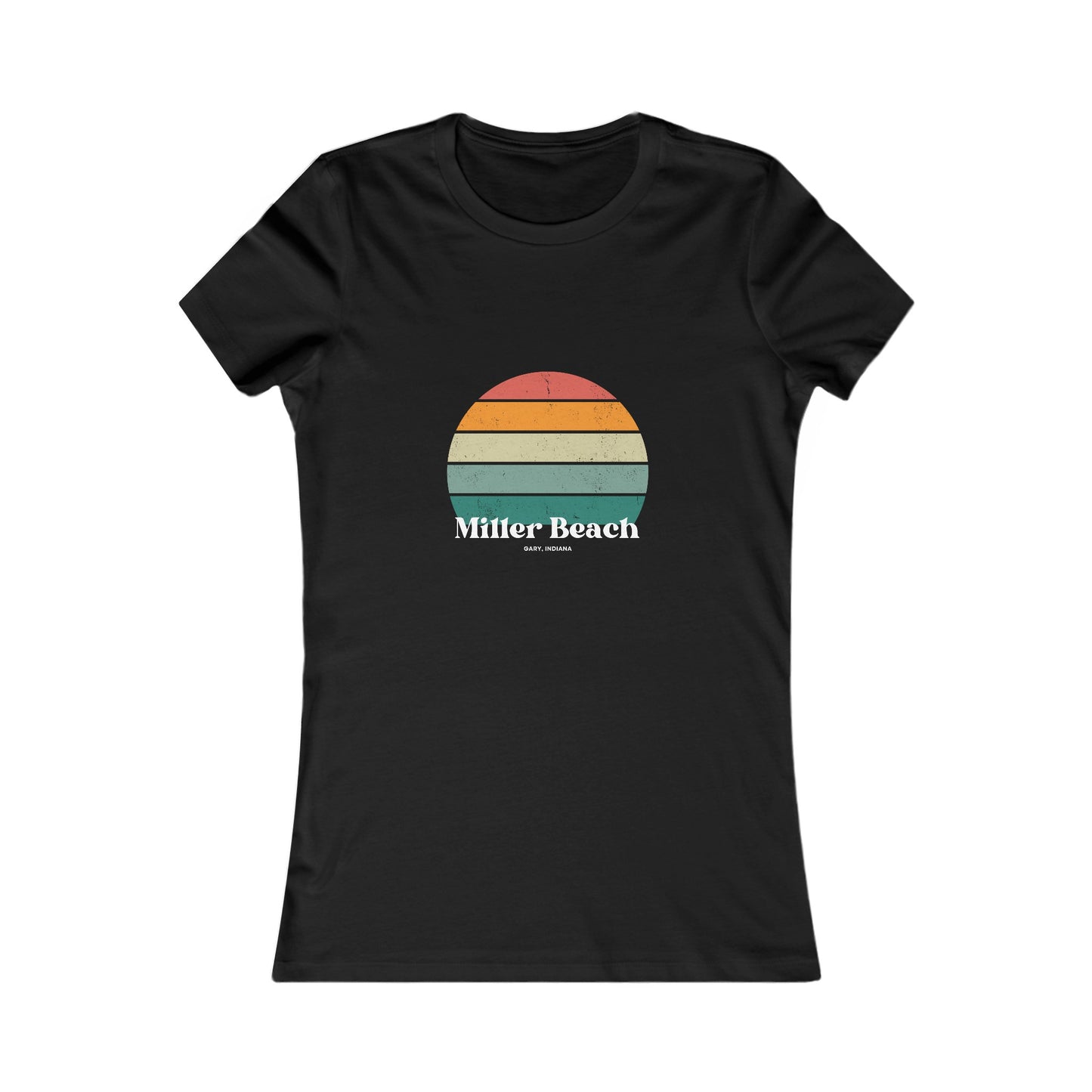 The Printify Women's Favorite Tee - Miller Beach Gary, IN Retro Sunset is a pink women's T-shirt showcasing a retro-style graphic of a sun with horizontal stripes in orange, yellow, and green. Designed with a feminine fit, the airlume combed cotton fabric offers premium softness. Below the sun, the text reads "Miller Beach" in white, with smaller text underneath that is not legible.