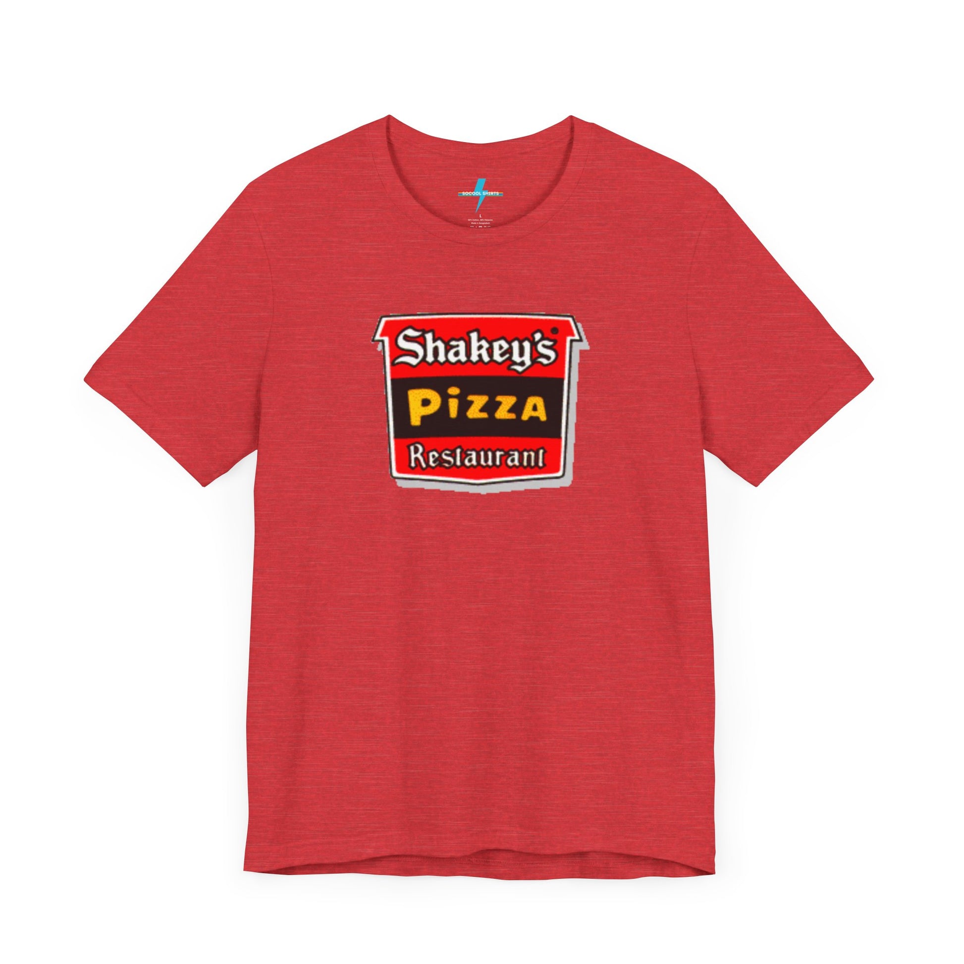 A black Shakey's Pizza - 1980s Retro Logo - Unisex T-Shirt by Printify hangs against a white background. The shirt features a colorful graphic with the text "Shakey's Pizza Restaurant" in white, yellow, and black lettering on a red background, resembling vintage pizza joints signage. This retro tee brings nostalgic vibes of classic pizzerias.