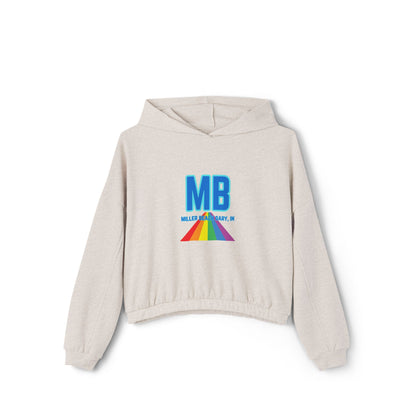 The Women's Cinched Bottom Hoodie from Printify, named "Miller Beach - Unity," is crafted in an oversized light gray design. It features a striking rainbow logo and bold blue "MB" letters on the front, with "MILLER & BARRY, INC." printed below. The casual style of this cotton-polyester blend is further accentuated by a lively triangular pattern.