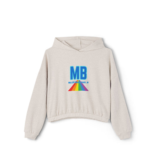 The Women's Cinched Bottom Hoodie from Printify, named "Miller Beach - Unity," is crafted in an oversized light gray design. It features a striking rainbow logo and bold blue "MB" letters on the front, with "MILLER & BARRY, INC." printed below. The casual style of this cotton-polyester blend is further accentuated by a lively triangular pattern.