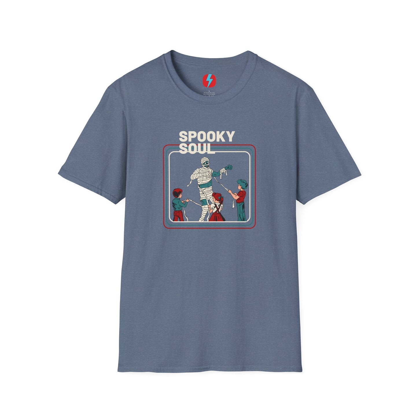 The Spooky Soul - Halloween - Unisex Softstyle T-Shirt by Printify, available in dark gray, showcases a retro-style graphic of a mummy dancing with two kids in Halloween costumes. The text "SPOOKY SOUL" is displayed above the image, which is framed by red and blue lines to enhance its vintage feel.