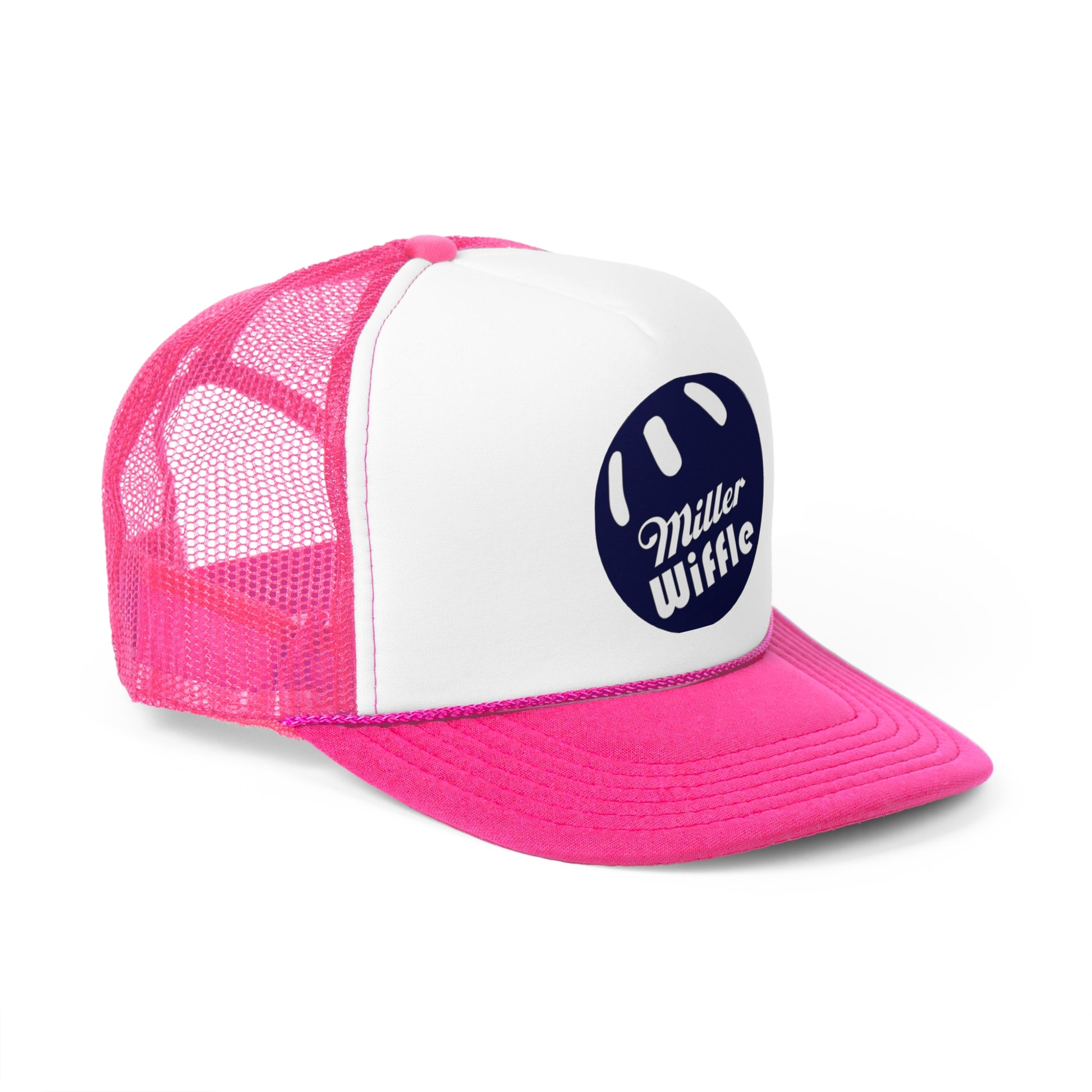 The Miller Wiffel Ball OG Logo - Trucker Cap by Printify is a stylish black and white hat featuring a black mesh back. The front panel is white and showcases a dark blue circle logo with the text "Miller Wiffle" in white, inside a design that resembles a Wiffle ball. This trucker cap includes an adjustable plastic snap closure for the perfect fit.