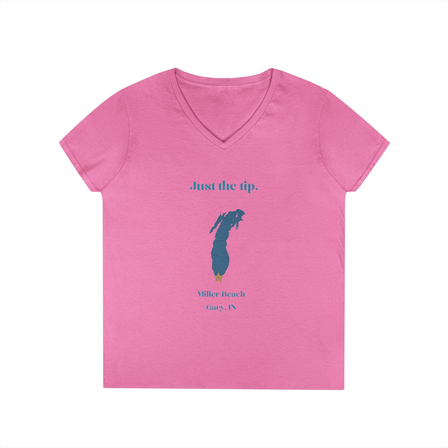 The Just the Tip - Miller Beach Ladies' V-Neck T-Shirt by Printify is a coral-colored top made from soft tri-blend fabric. It showcases a graphic of Lake Michigan accompanied by the playful text "Just the tip," along with "Miller Beach, Gary, IN" displayed below.