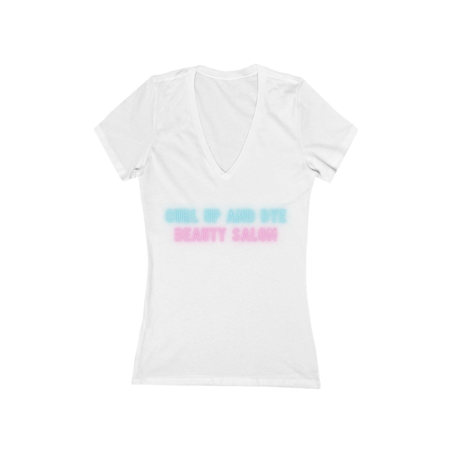 A Printify Blues Brothers Curl Up and Dye Women's Jersey Short Sleeve Deep V-Neck Tee in light gray is shown against a white background. This comfortable wardrobe essential showcases "CURL UP AND DYE" in light blue and "BEAUTY SALON" in light pink printed across the chest, featuring a modern feminine fit.