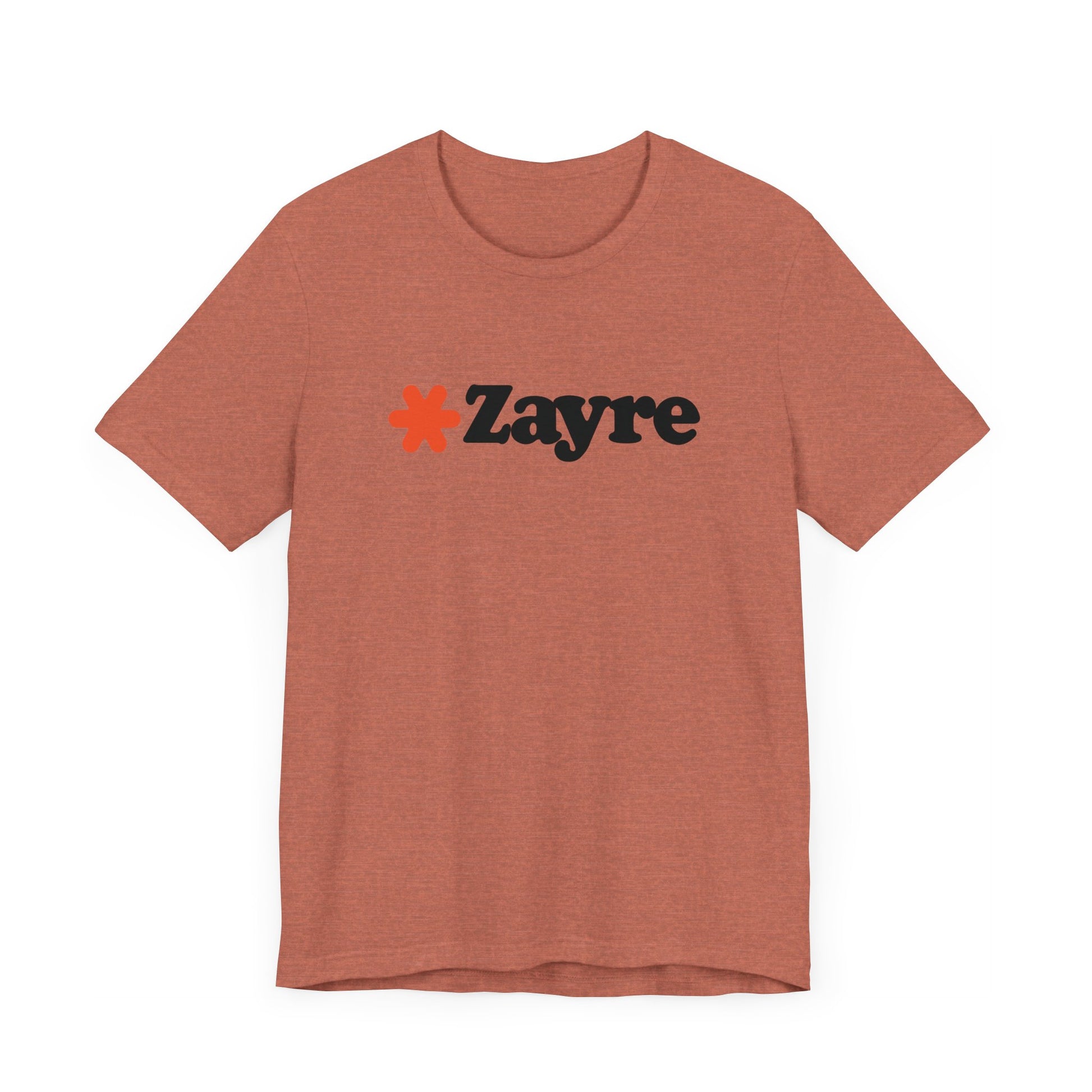 The Zayre Stores Logo - Retro 1980s Unisex Jersey Short Sleeve Tee by Printify features a gray design with the word "Zayre" printed in black letters and a red asterisk preceding the text. Reminiscent of retro fashion from the Zayre 1980s Retail Store, this shirt is displayed against a minimalistic white background and appears to be made of soft, comfortable fabric.