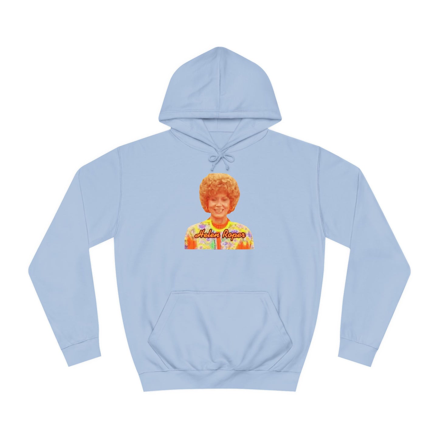 This Helen Roper - Three's Company unisex hoodie by Printify features a lively graphic of a woman with curly hair in a vibrant, patterned outfit. The elegantly scripted text "Mother Rogers" beneath her adds a vintage fashion flair to any wardrobe.