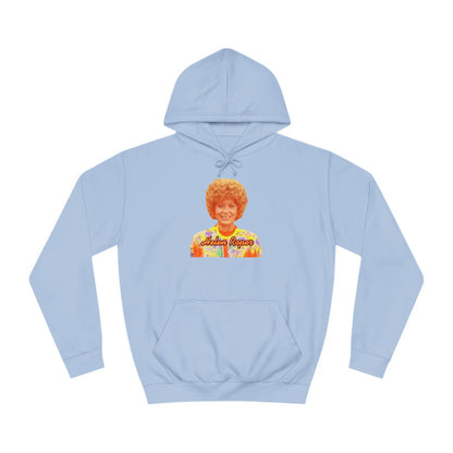 This Helen Roper - Three's Company unisex hoodie by Printify features a lively graphic of a woman with curly hair in a vibrant, patterned outfit. The elegantly scripted text "Mother Rogers" beneath her adds a vintage fashion flair to any wardrobe.