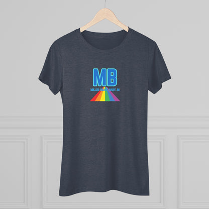 The Miller Beach Pride - Women's Triblend Tee by Printify is a dark gray, cozy t-shirt with a vintage look, featuring the text "MB" in large blue letters at the center. Below the letters, there is a rainbow-colored triangular design with "Millions & Binary, Inc." written in smaller text under the rainbow triangle.