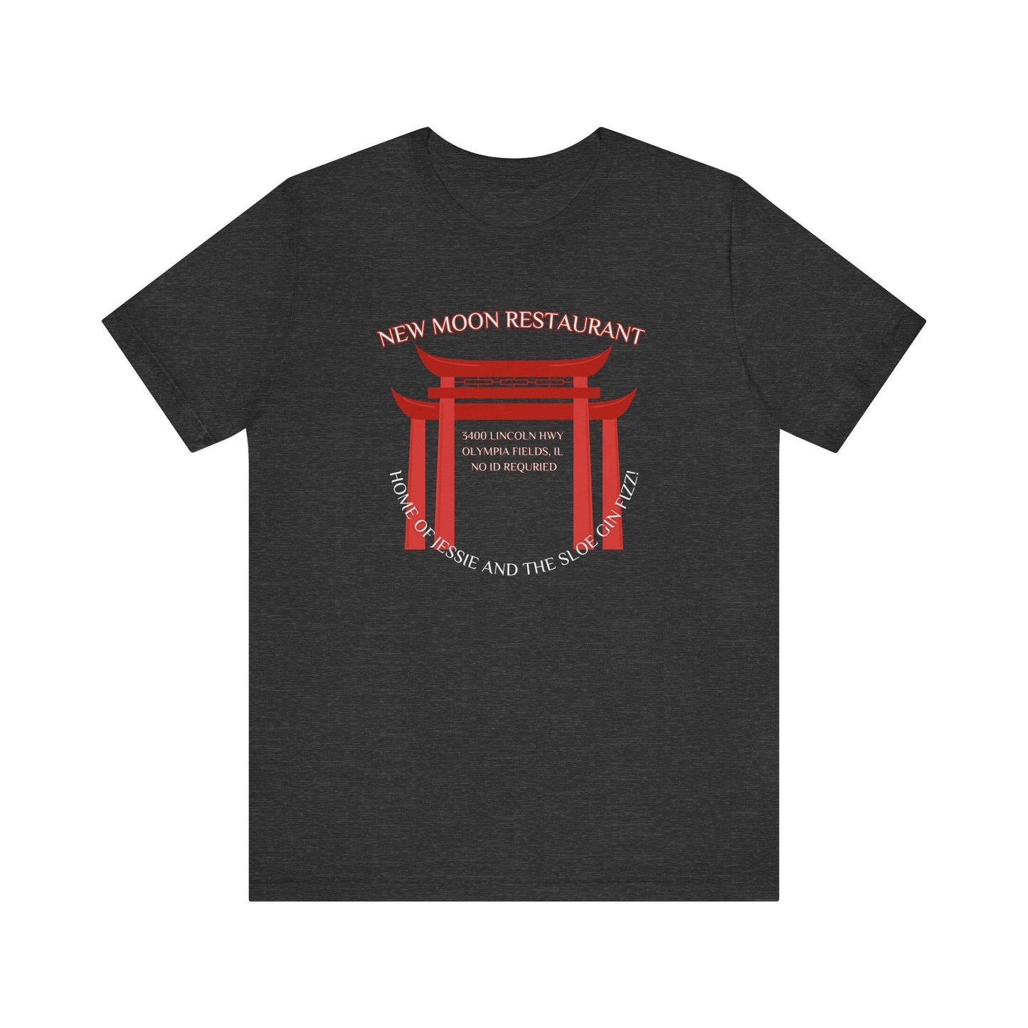 The New Moon Restaurant - Olympia Fields 1980s Retro Unisex Jersey Short Sleeve Tee by Printify is a nostalgic black jersey that features a red torii gate graphic with the text "New Moon Restaurant" at the top. Below the gate, it reads "Home of Tessie and the Slo Poke Mai Tai," along with the address "8400 Lincoln Blvd, Olympia Fields, IL.