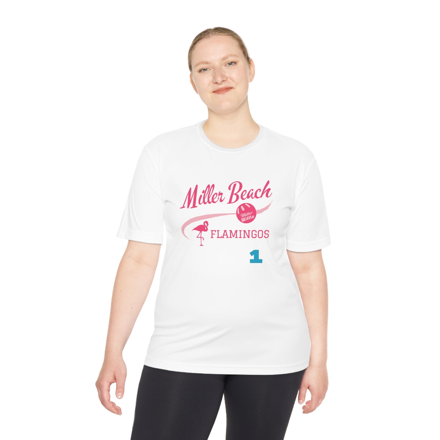 Introducing the "Miller Beach Flamingos - Jackson 01" Unisex Moisture Wicking Tee by Printify. This beige T-shirt showcases "Miller Beach" in a pink cursive font accompanied by a small pink flamingo illustration. Below, "FLAMINGOS" is displayed in bold pink capital letters, with a blue "01" on the bottom right corner. As part of the Sport-Tek PosiCharge Competitor collection, this lightweight shirt provides superior moisture-wicking performance.