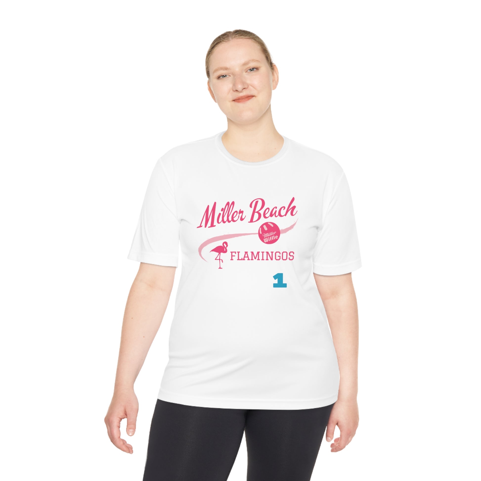 Introducing the "Miller Beach Flamingos - Jackson 01" Unisex Moisture Wicking Tee by Printify. This beige T-shirt showcases "Miller Beach" in a pink cursive font accompanied by a small pink flamingo illustration. Below, "FLAMINGOS" is displayed in bold pink capital letters, with a blue "01" on the bottom right corner. As part of the Sport-Tek PosiCharge Competitor collection, this lightweight shirt provides superior moisture-wicking performance.
