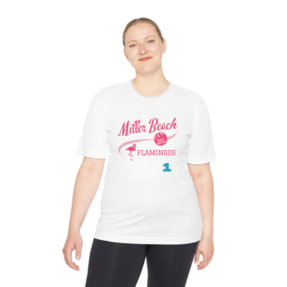 Introducing the "Miller Beach Flamingos - Jackson 01" Unisex Moisture Wicking Tee by Printify. This beige T-shirt showcases "Miller Beach" in a pink cursive font accompanied by a small pink flamingo illustration. Below, "FLAMINGOS" is displayed in bold pink capital letters, with a blue "01" on the bottom right corner. As part of the Sport-Tek PosiCharge Competitor collection, this lightweight shirt provides superior moisture-wicking performance.
