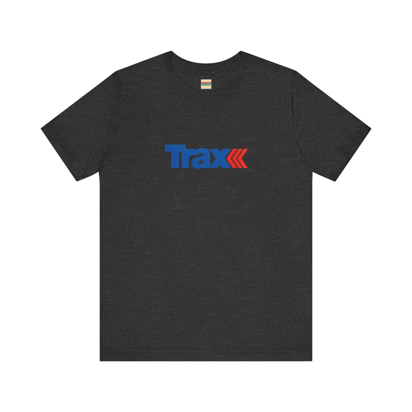 A gray unisex jersey short sleeve tee from Printify, inspired by retro 1980s Kmart style. The "Trax" logo is printed in blue letters, followed by three red arrows pointing to the right. This classic Trax Brand T-shirt is laid flat against a white background, capturing nostalgic fashion vibes.