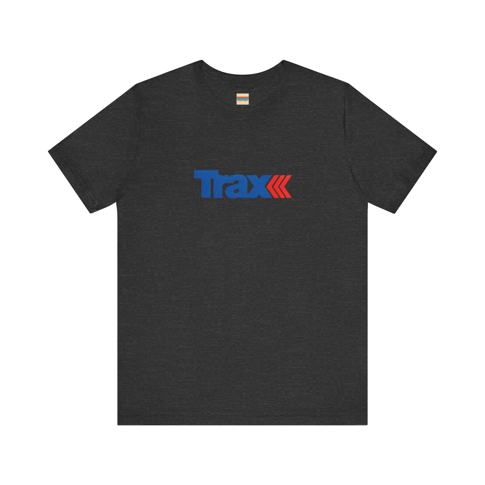 A gray unisex jersey short sleeve tee from Printify, inspired by retro 1980s Kmart style. The "Trax" logo is printed in blue letters, followed by three red arrows pointing to the right. This classic Trax Brand T-shirt is laid flat against a white background, capturing nostalgic fashion vibes.