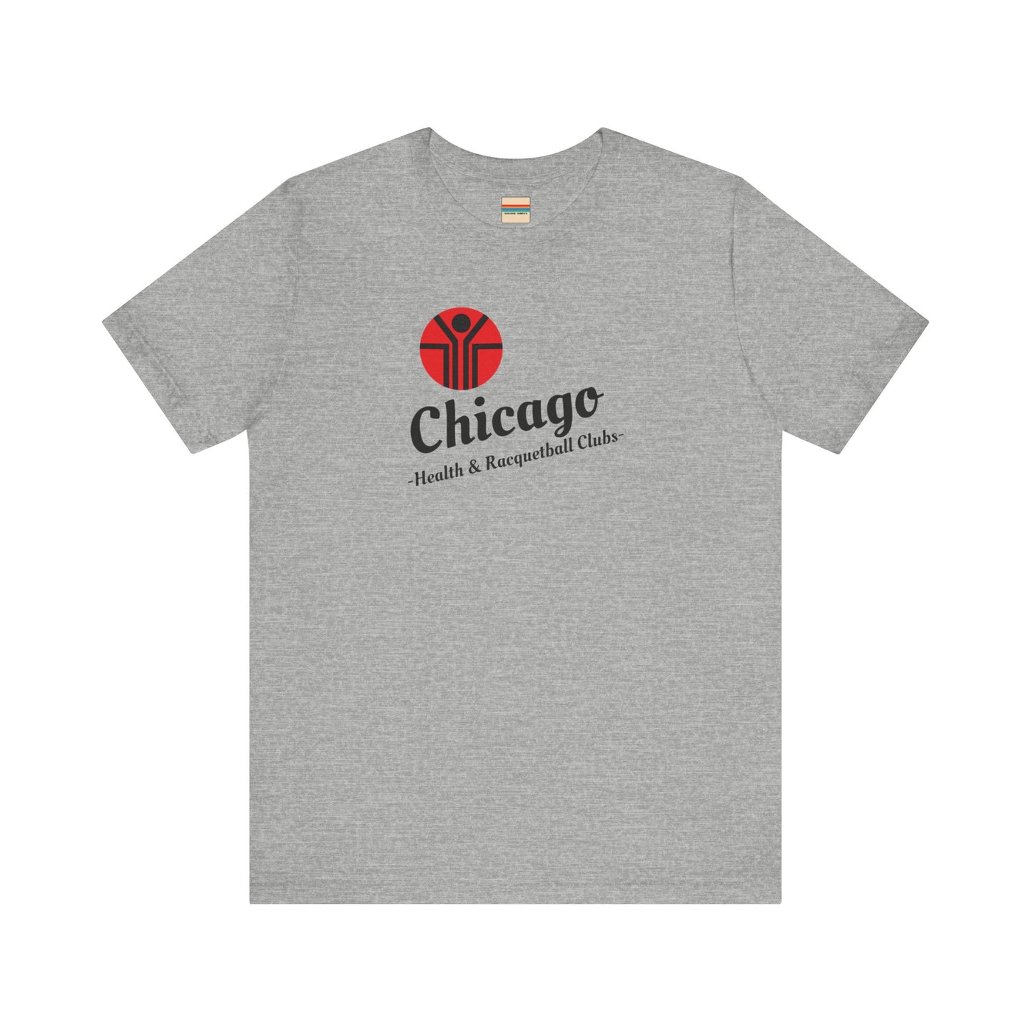 Two gray T-shirts are neatly folded on top of each other, with the top shirt showcasing the text "Chicago Health & Racquetball Clubs" in black below a red logo featuring a person with raised arms inside a circular design. This retro-inspired tee, named "Chicago Health Clubs 1980s Retro - Unisex Jersey Short Sleeve Tee" by Printify, is perfect for any fan of Chicago Health Clubs.