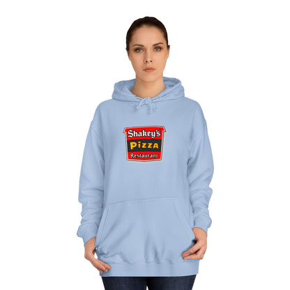 The Shakey's Pizza - 1980s Retro - Unisex Hoodie by Printify showcases a retro-style colorful logo on the front, highlighted with "Shakey's Pizza Restaurant" in bold white lettering against a striking red and black background, offering a vintage feel.