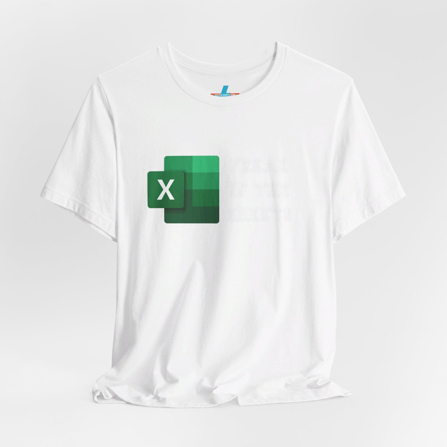 A green Freak in the Sheets - Excel - Unisex Jersey Short Sleeve Tee from Printify, featuring the Microsoft Excel logo on the left. The text next to the logo reads, "FREAK IN THE SHEETS" in white, bold, all-caps letters, making it perfect for spreadsheet enthusiasts. The shirt is laid flat against a plain white background.