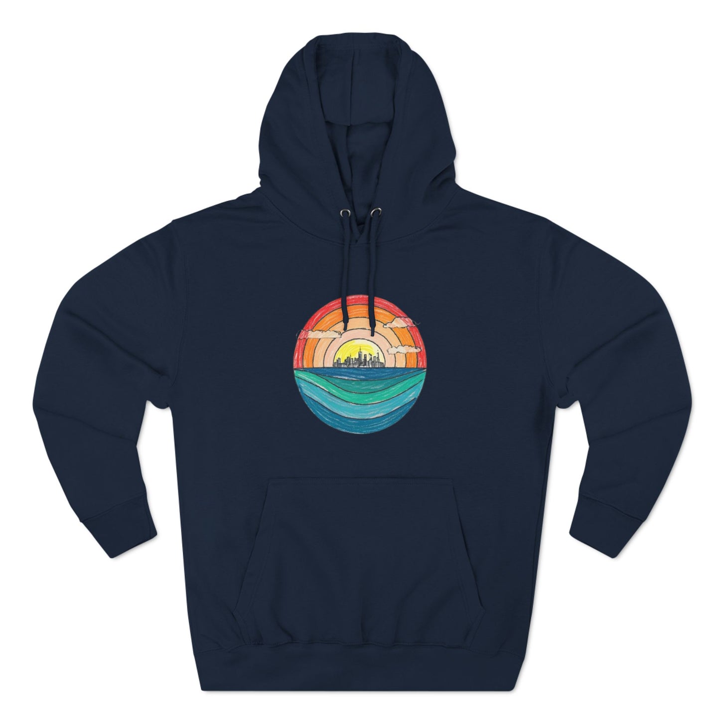 The Miller Beach Abstract - Three-Panel Fleece Hoodie by Printify is a premium light gray pullover featuring a vibrant circular front design. It showcases an abstract sunset-over-ocean scene with blue waters, an orange to red gradient sky, and a city skyline silhouette. Made from soft combed ring-spun cotton and lined with cozy fleece for extra warmth.