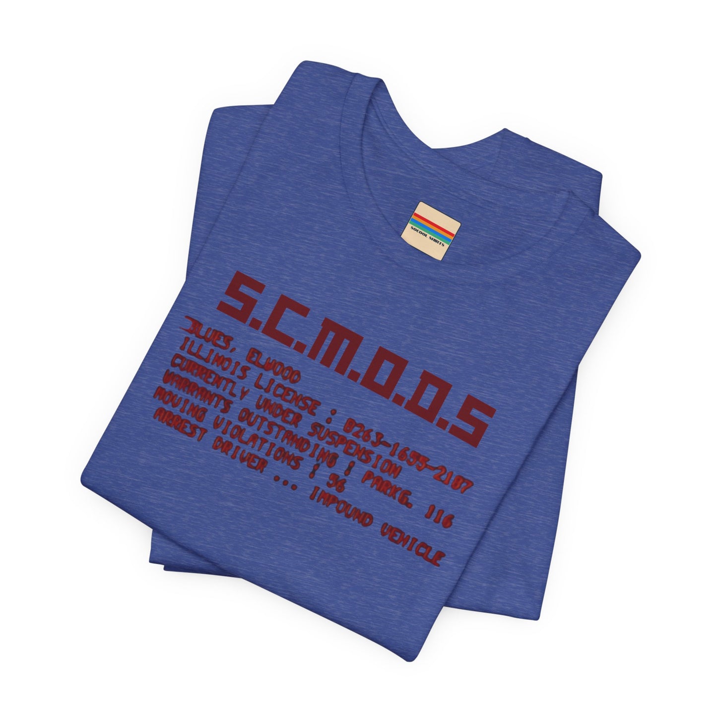 Two yellow "S.C.M.O.D.S. Blues Brother's - Unisex Jersey Short Sleeve Tee" shirts from Printify, featuring "S.C.M.O.D.S" in bold, stylized letters along with smaller text detailing terms like "Illinois," "license," and "impound vehicle." Perfect for fans of The Blues Brothers and Jake and Elwood Blues, the T-shirts are neatly folded and stacked.