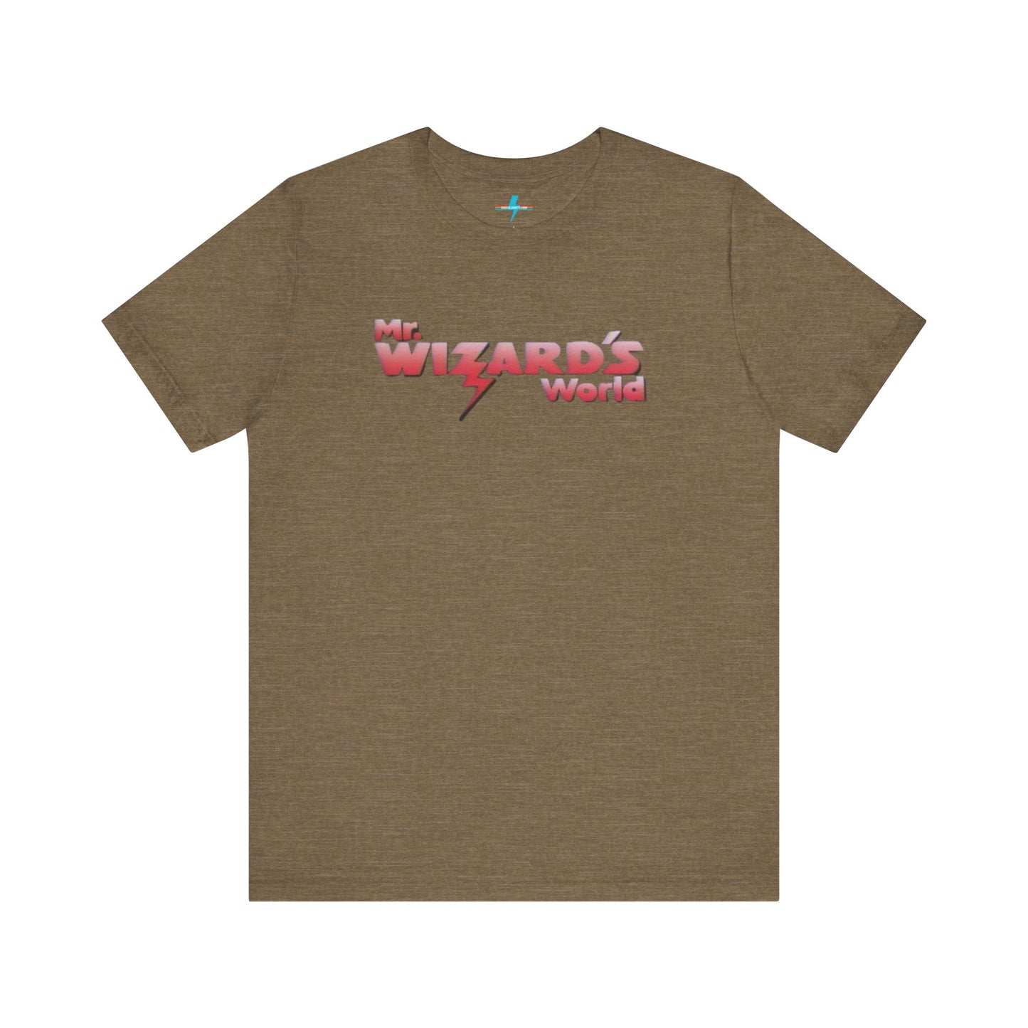 A purple Mr. Wizard's World T-shirt from Printify, featuring bold gradient red and white text with a lightning bolt through the letter "A" in "Wizard." Ideal for science enthusiasts and fans of the iconic 1980s Nickelodeon show, this unisex jersey short sleeve tee is displayed against a plain white background.