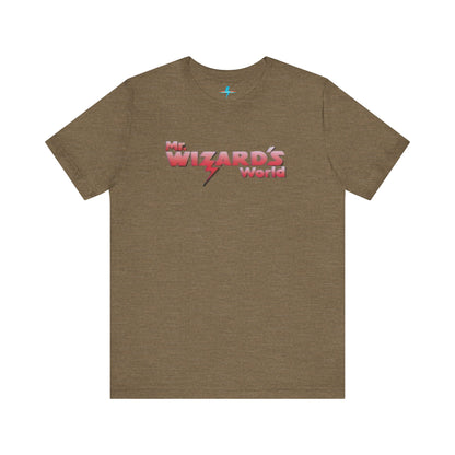 A purple Mr. Wizard's World T-shirt from Printify, featuring bold gradient red and white text with a lightning bolt through the letter "A" in "Wizard." Ideal for science enthusiasts and fans of the iconic 1980s Nickelodeon show, this unisex jersey short sleeve tee is displayed against a plain white background.