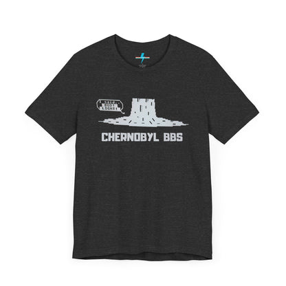 Introducing the Chernobyl BBS 1987 Shorewood, Illinois - Unisex Jersey Short Sleeve Tee by Printify: This dark gray tee showcases a glowing nuclear cooling tower with "BBS" text on the side. Below the graphic, "CHERNOBYL BBS" is boldly printed in capital letters, making it an ideal choice for retro tech aficionados and old-school hackers alike.