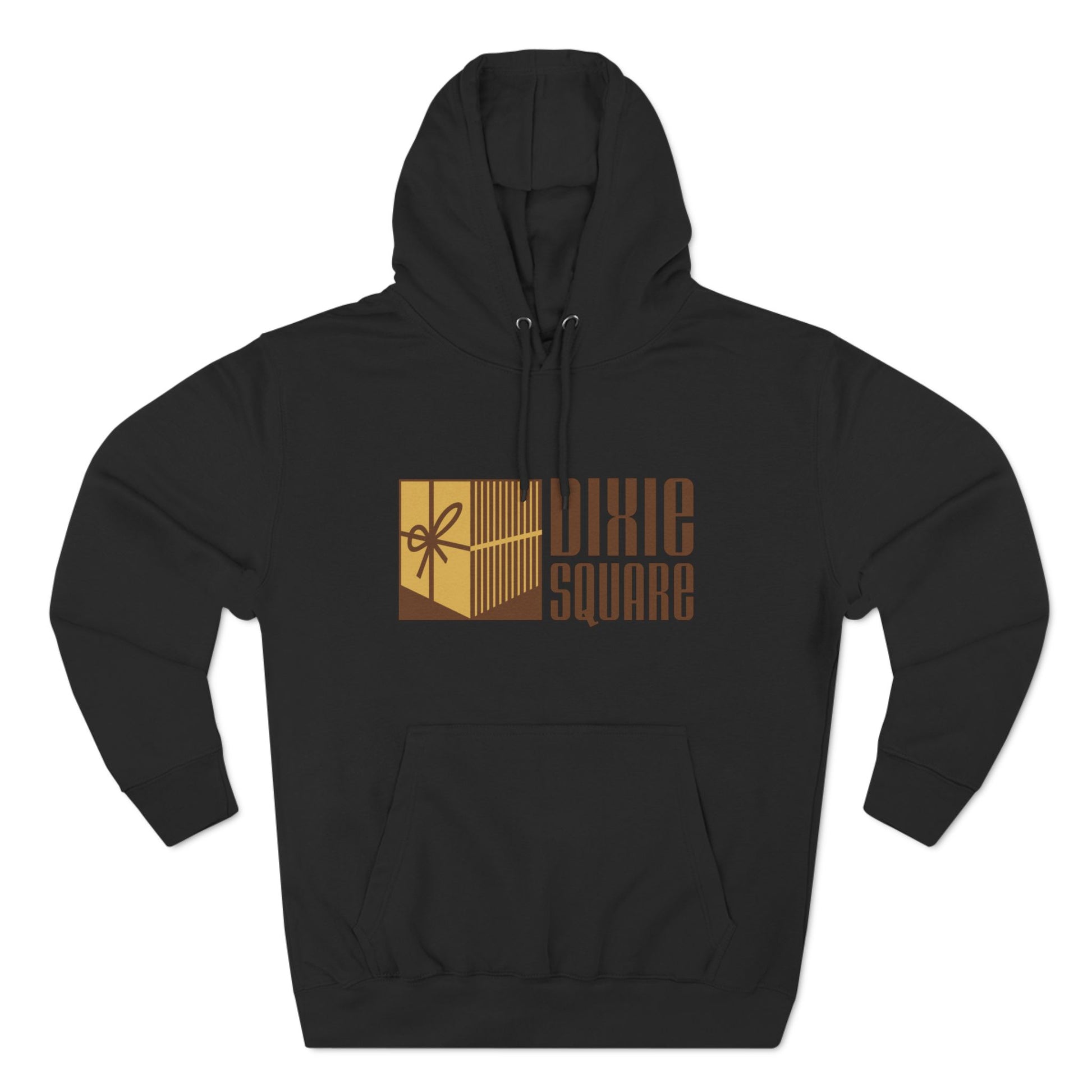 A black hoodie from Printify, named "Dixie Square 1960s Logo - Harvey, IL - Three-Panel Fleece Hoodie," featuring the words "Dixie Square" in brown stylized block letters on the front. Embracing a retro charm, the design also includes a graphic of a gold-colored square with a scissors icon and vertical lines, reminiscent of Dixie Square Mall's heyday.