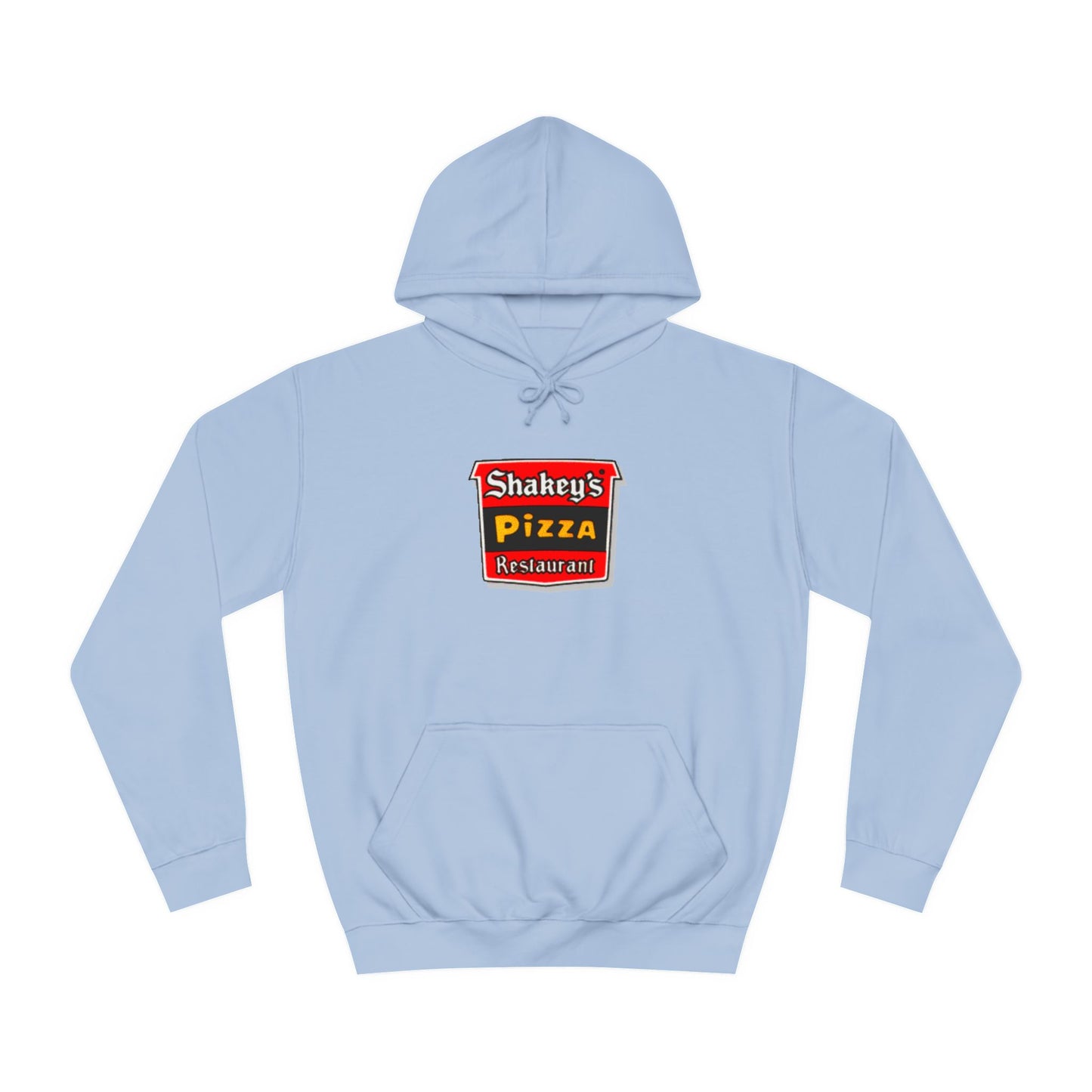 The Shakey's Pizza - 1980s Retro - Unisex Hoodie by Printify showcases a retro-style colorful logo on the front, highlighted with "Shakey's Pizza Restaurant" in bold white lettering against a striking red and black background, offering a vintage feel.