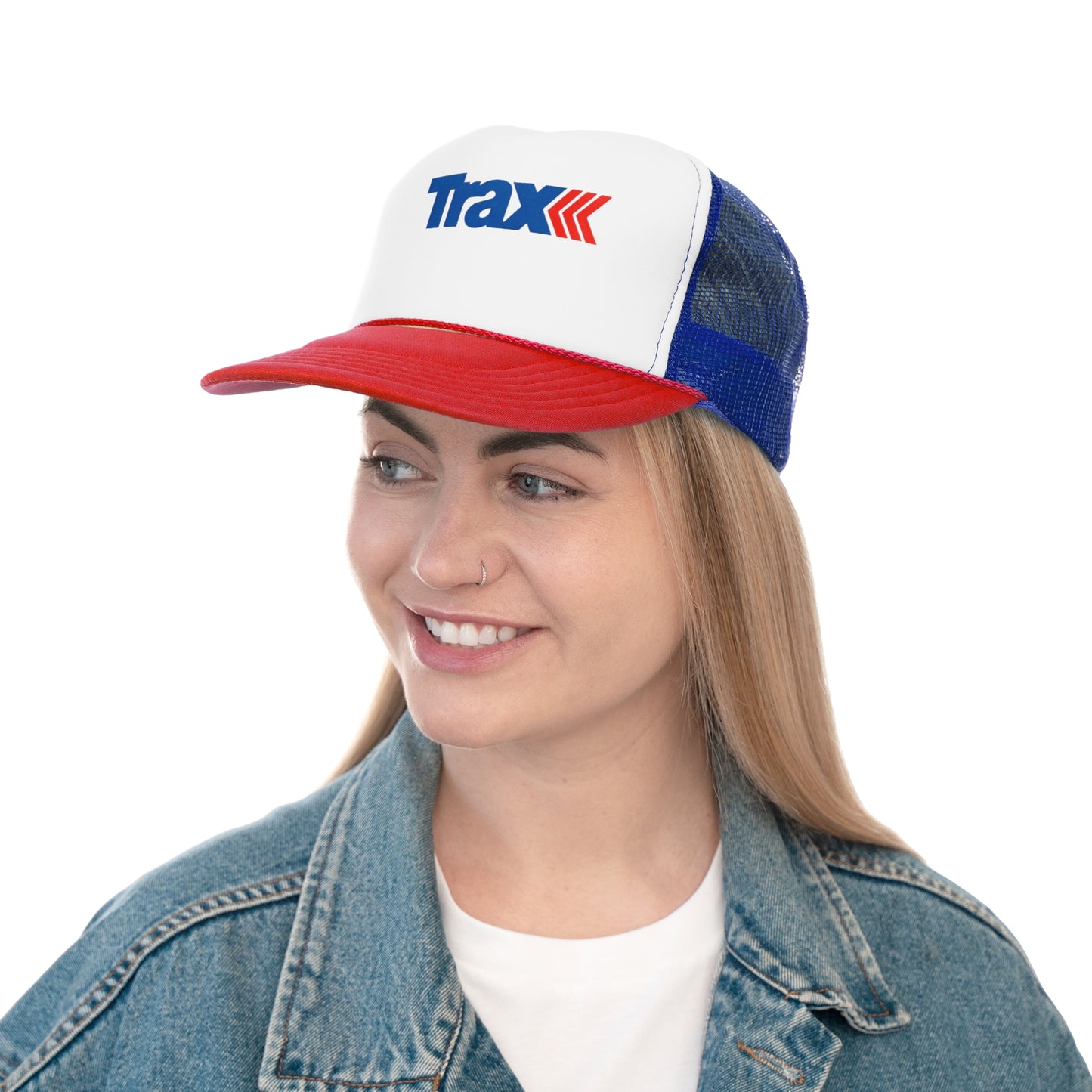 The Trax Brand Retro - 1980s Kmart Trucker Cap by Printify is a vintage-inspired accessory featuring a white front panel with "Trax" written in blue beside a red logo. It boasts a red bill and blue mesh back, capturing the essence of the classic Kmart Trucker Cap.