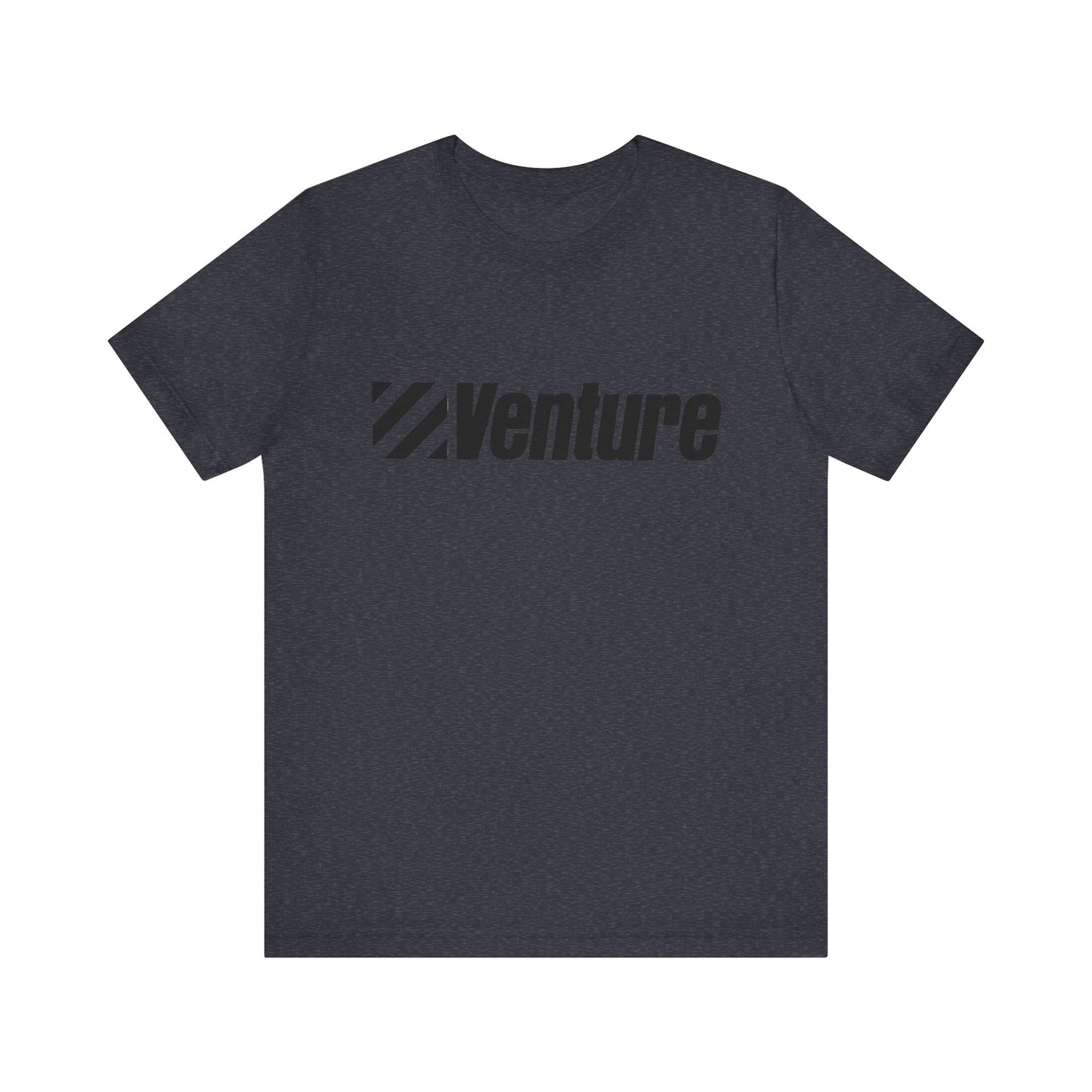 A unisex jersey short sleeve tee from Printify, featuring a classic 1980s Venture Stores logo printed in bold black letters across the chest on a gray fabric, is showcased against a plain white background.