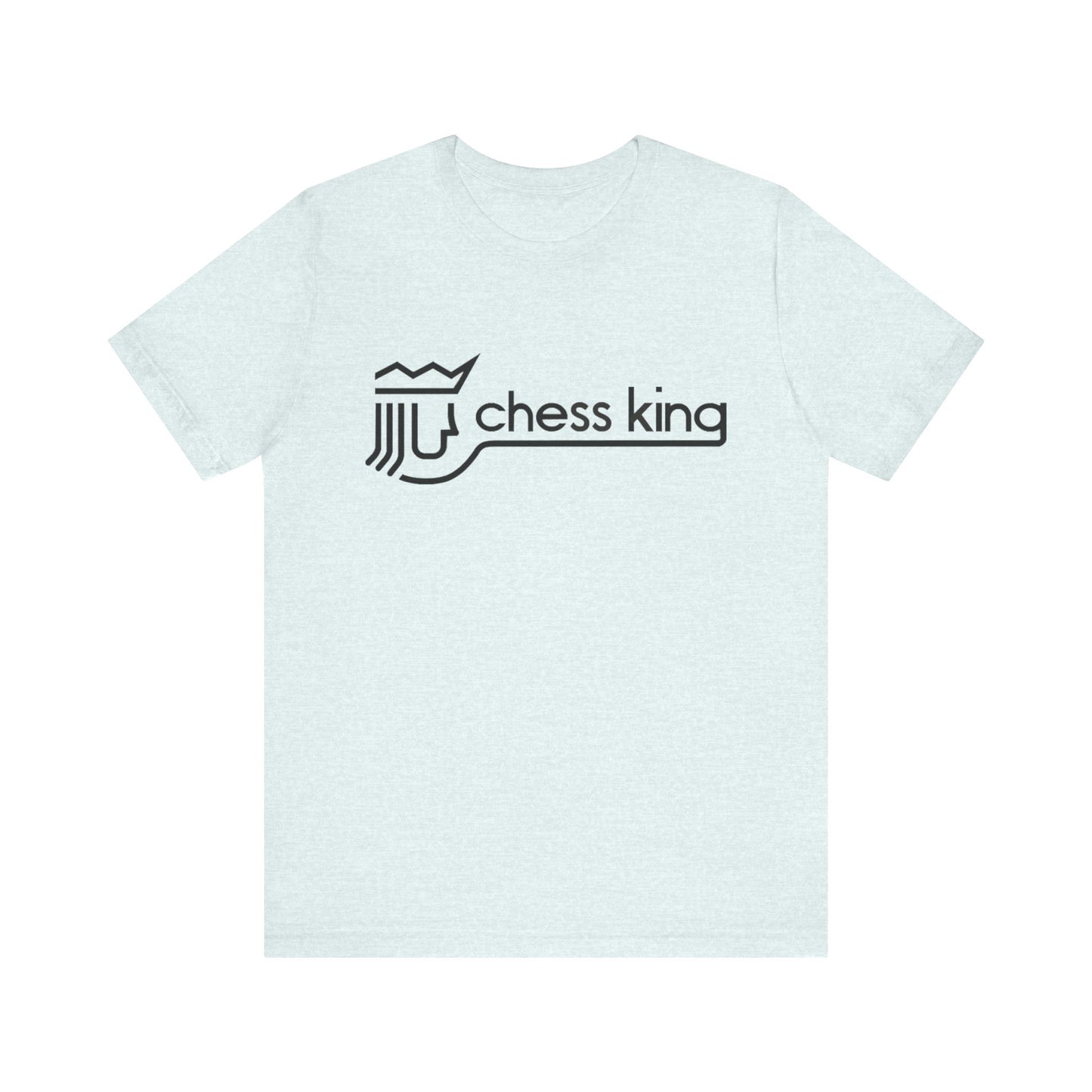 A unisex jersey short sleeve tee from Printify, featuring the Chess King 1980's Clothing Store Logo with a black, stylized king chess piece and the words "Chess King" on a blue background, reminiscent of retro 80s fashion.