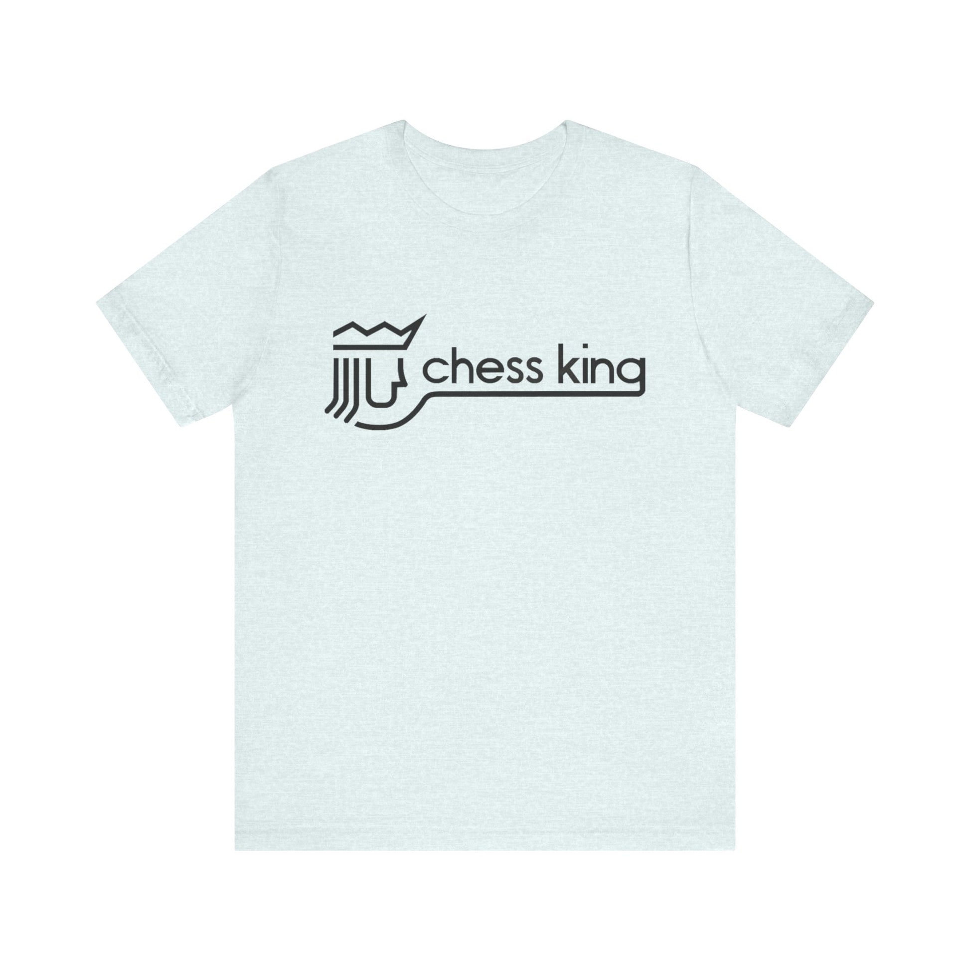 A unisex jersey short sleeve tee from Printify, featuring the Chess King 1980's Clothing Store Logo with a black, stylized king chess piece and the words "Chess King" on a blue background, reminiscent of retro 80s fashion.