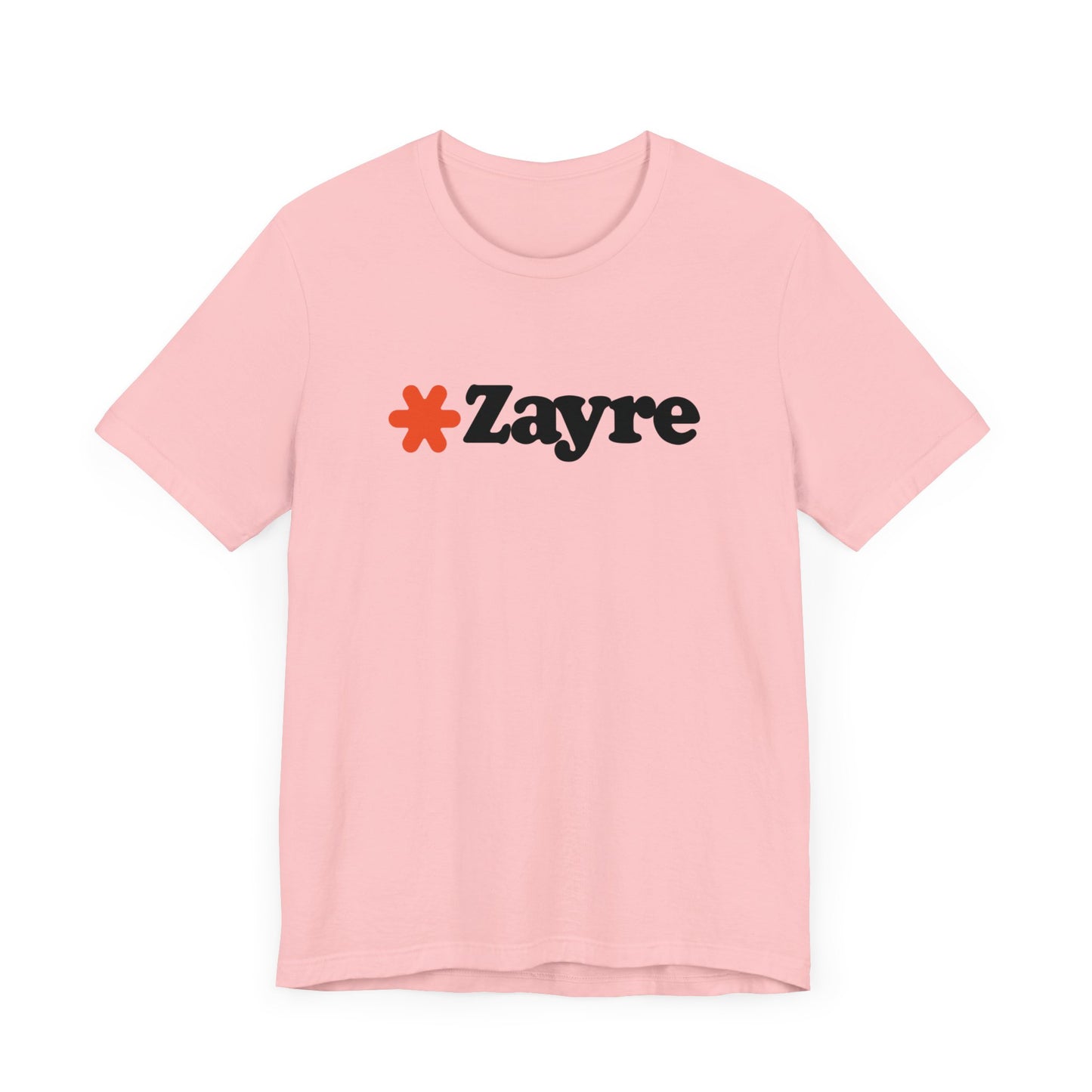 The Zayre Stores Logo - Retro 1980s Unisex Jersey Short Sleeve Tee by Printify features a gray design with the word "Zayre" printed in black letters and a red asterisk preceding the text. Reminiscent of retro fashion from the Zayre 1980s Retail Store, this shirt is displayed against a minimalistic white background and appears to be made of soft, comfortable fabric.