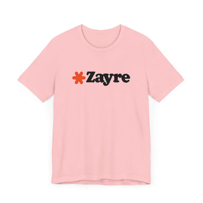 The Zayre Stores Logo - Retro 1980s Unisex Jersey Short Sleeve Tee by Printify features a gray design with the word "Zayre" printed in black letters and a red asterisk preceding the text. Reminiscent of retro fashion from the Zayre 1980s Retail Store, this shirt is displayed against a minimalistic white background and appears to be made of soft, comfortable fabric.