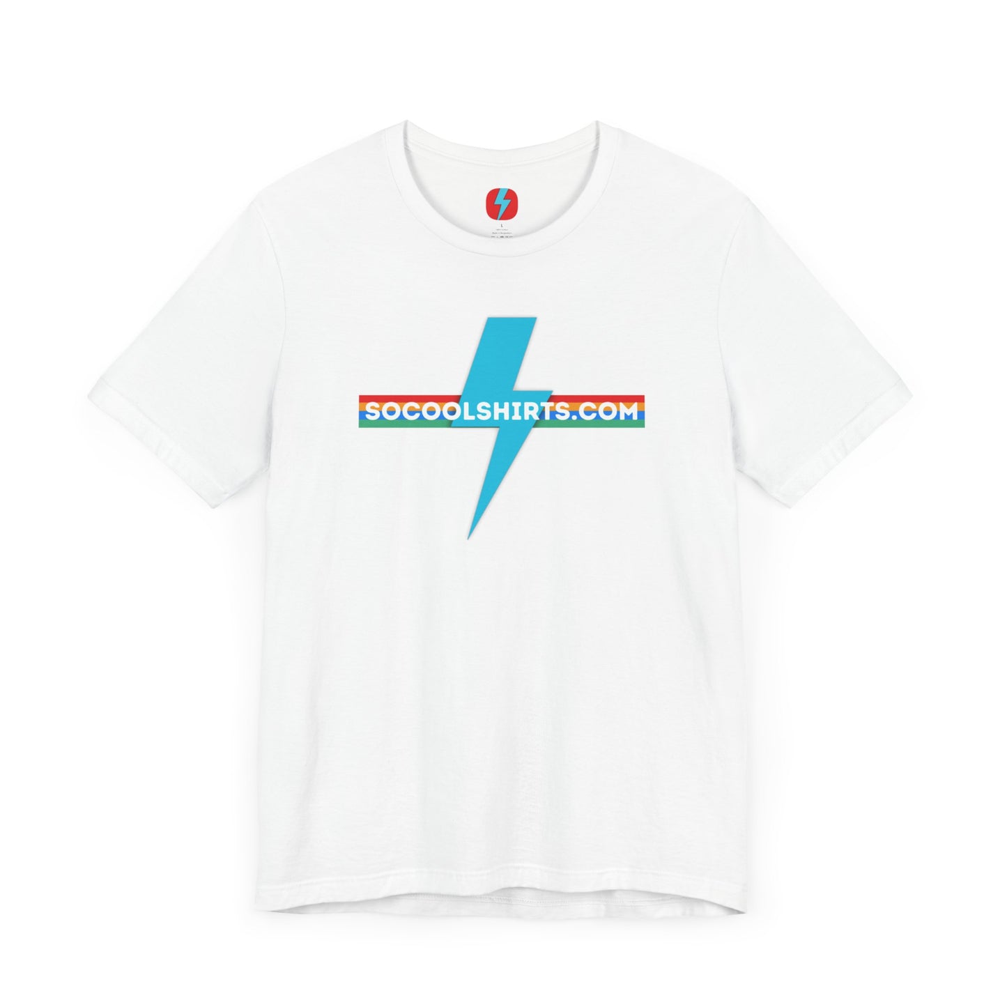 This unisex jersey short sleeve tee by Printify features a striking maroon color with a central light blue lightning bolt design. The text "SOCOOLSHIRTS.COM" is prominently displayed across the lightning bolt in white letters, set against a multicolored background that exudes retro vibes. The shirt is shown laid flat on a white backdrop.