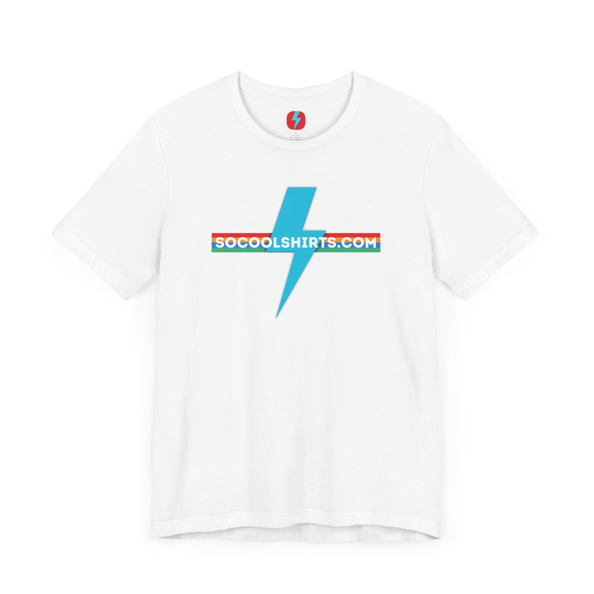 This unisex jersey short sleeve tee by Printify features a striking maroon color with a central light blue lightning bolt design. The text "SOCOOLSHIRTS.COM" is prominently displayed across the lightning bolt in white letters, set against a multicolored background that exudes retro vibes. The shirt is shown laid flat on a white backdrop.