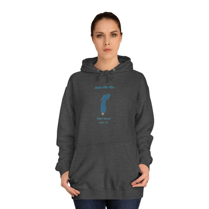 The Just the Tips - Miller Beach Unisex College Hoodie by Printify features a premium tri-blend fabric in dark green, showcasing a minimalist blue outline of a lake with the text "Just the Tip. White Bear Lake, Minn., IN" above it. With its front pocket and drawstring hood, it's an ideal choice for casual strolls at Miller Beach.