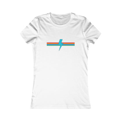 A light pink women's fitted t-shirt from Printify, called the SoCool Shirts OG Logo Retro - Women's Favorite Tee, showcases a minimalist design featuring a blue lightning bolt logo slicing through a horizontal tricolor stripe in red, orange, and teal across the chest area. The shirt boasts short sleeves, a round neckline, and is made from soft Bella + Canvas fabric.