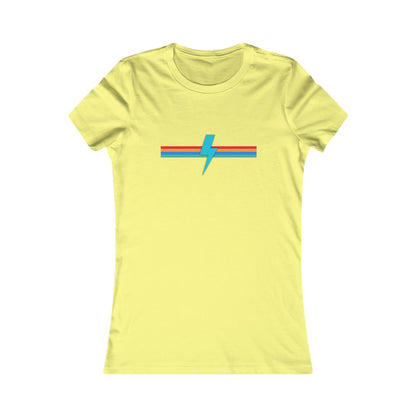 A light pink women's fitted t-shirt from Printify, called the SoCool Shirts OG Logo Retro - Women's Favorite Tee, showcases a minimalist design featuring a blue lightning bolt logo slicing through a horizontal tricolor stripe in red, orange, and teal across the chest area. The shirt boasts short sleeves, a round neckline, and is made from soft Bella + Canvas fabric.